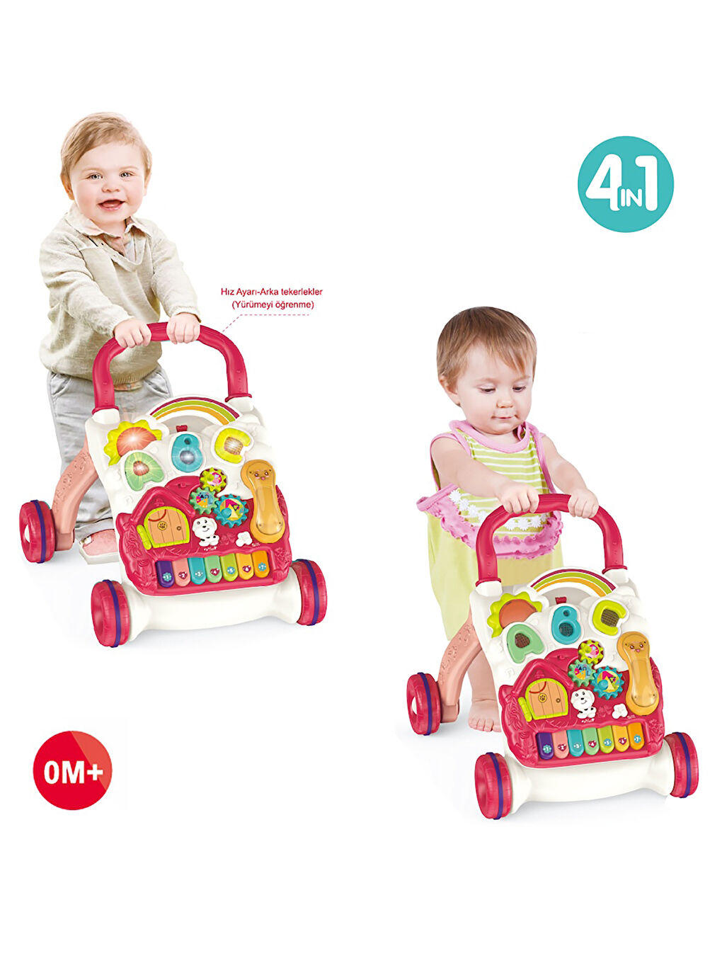 Piyanolu 4in1 Turkuaz Bebek Yürüteci Pembe