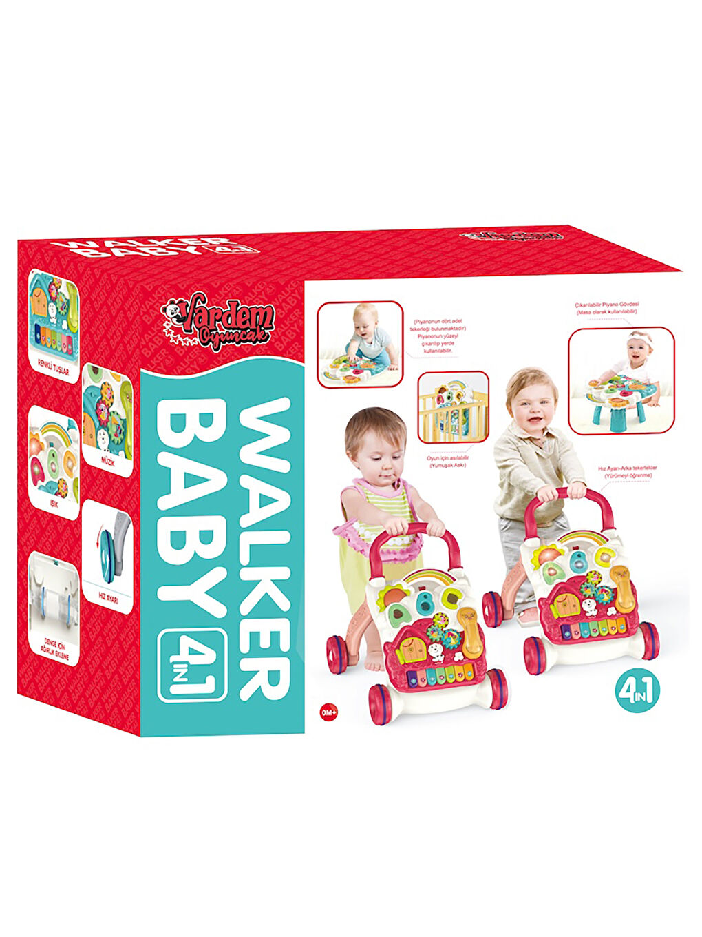 Piyanolu 4in1 Turkuaz Bebek Yürüteci Pembe-2