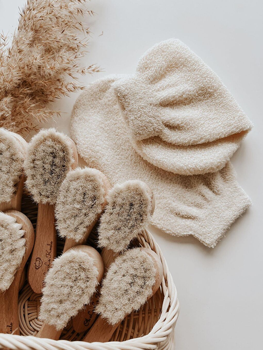 Doğal Keçi Kılı Ahşap Bebek Fırçası Ve Pamuk Bebek Banyo Kesesi 2Li Set-3