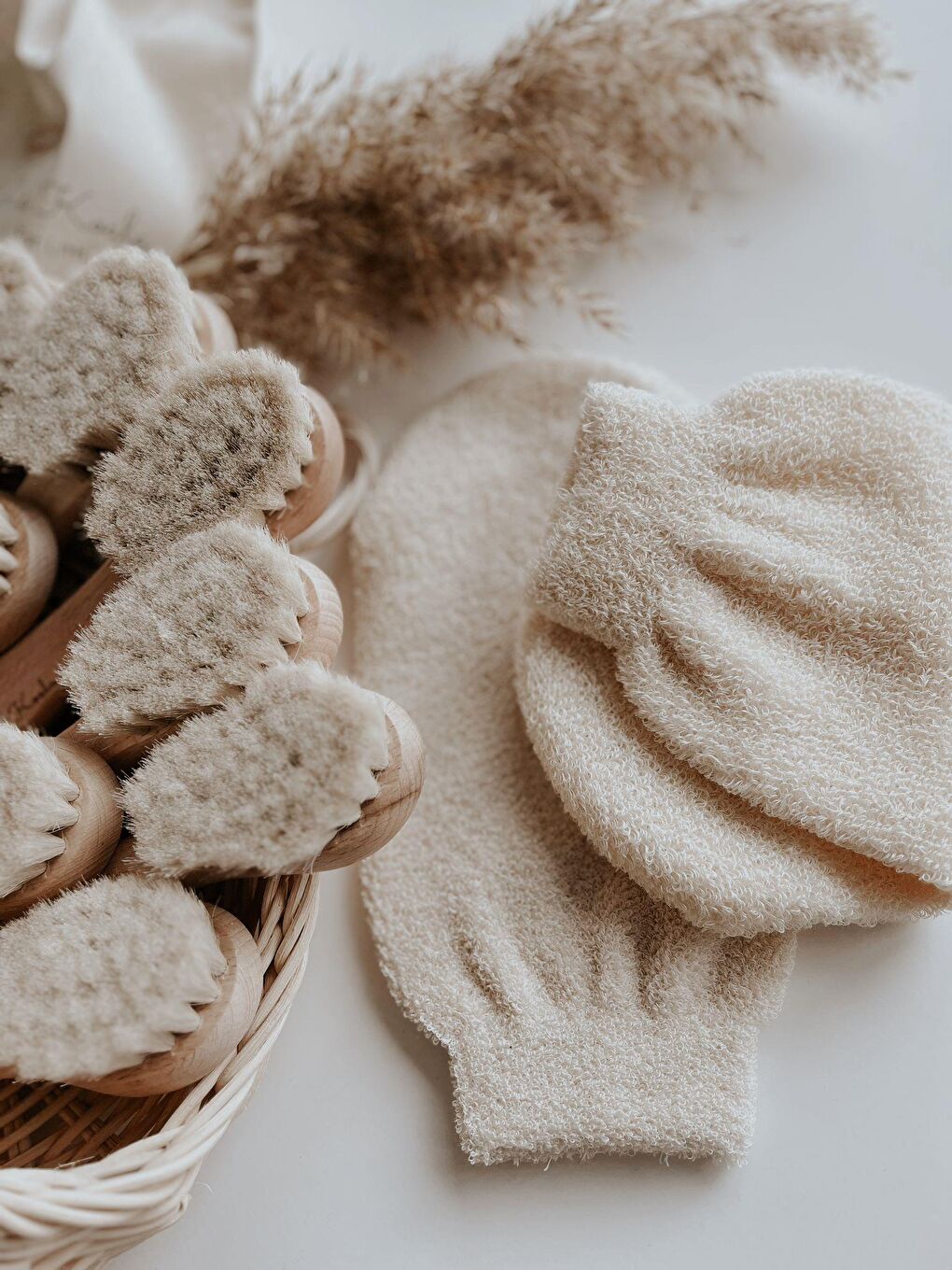 Doğal Keçi Kılı Ahşap Bebek Fırçası Ve Pamuk Bebek Banyo Kesesi 2Li Set-6