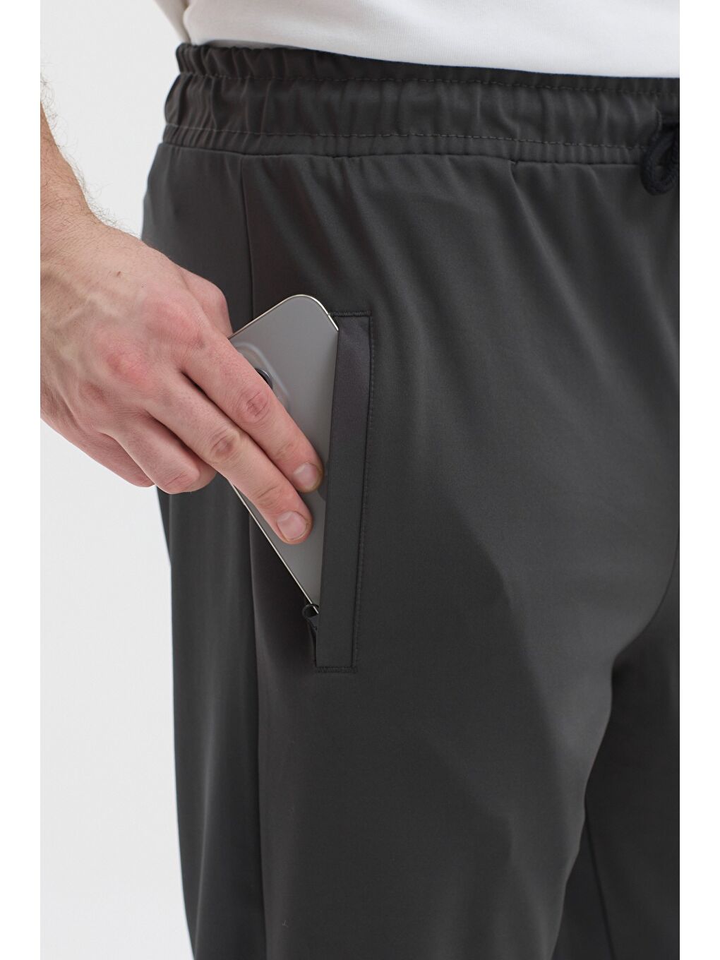 Erkek Antrasit Fermuar Cepli Beli Lastikli Dalgıç Kumaş Düz Paça Rahat Pamuklu Eşofman Altı-3