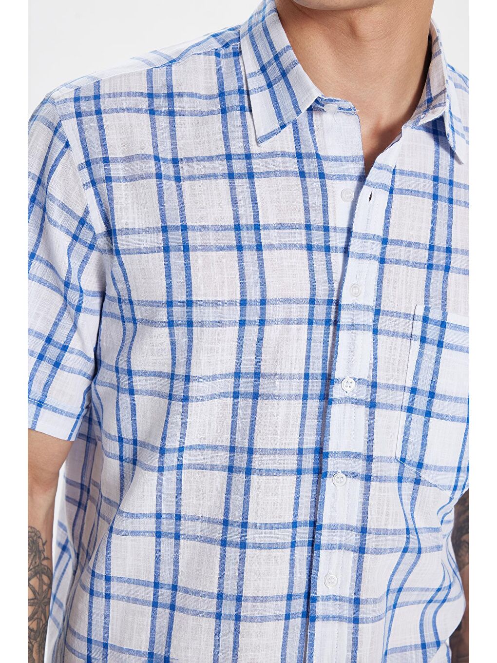 Karışık Erkek Regular Fit Klasik Kesim %100 Pamuk Keten Doku Tek Cepli Kareli Kısa Kollu Düğmeli Yaka Gömlek-3