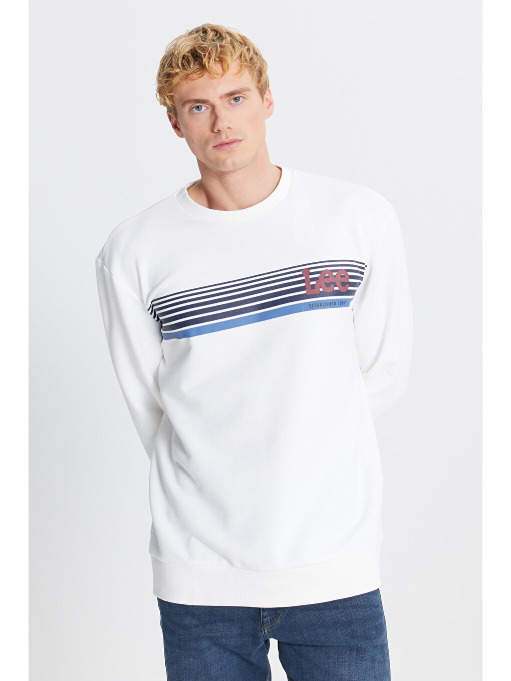 Regular Fit Normal Kesim Bisiklet Yaka Baskılı Kırık Beyaz Sweatshirt