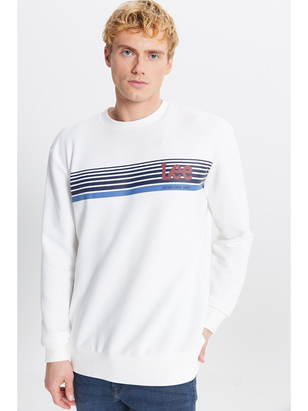 Regular Fit Normal Kesim Bisiklet Yaka Baskılı Kırık Beyaz Sweatshirt-2