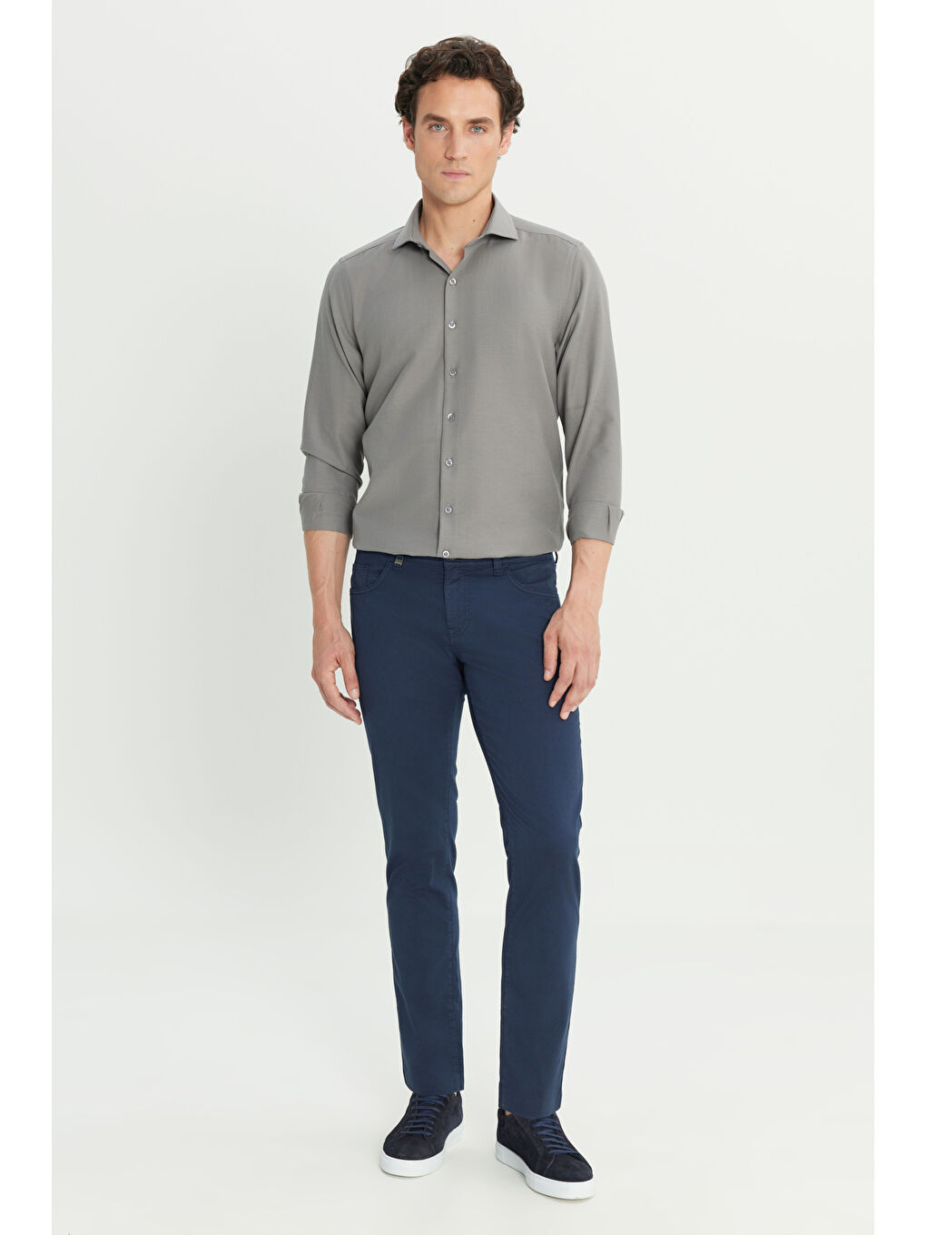 Erkek Lacivert Pamuklu Slim Fit Dar Kesim 5 Cep Armürlü Casual Pantolon-1