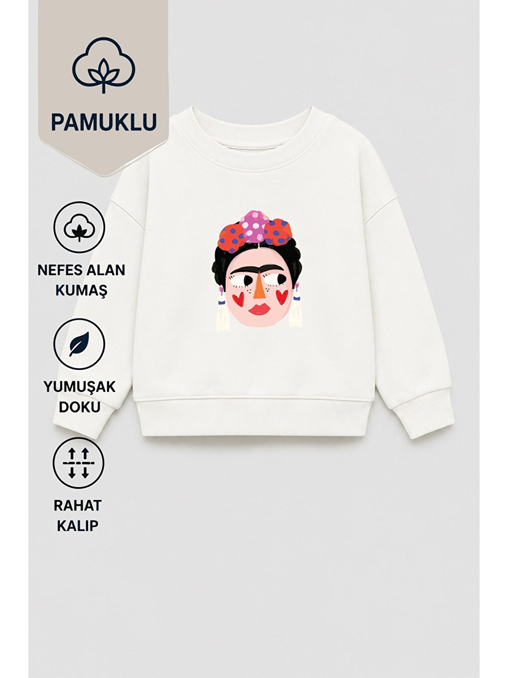 Ekru Kız Çocuk 3 İplik Kumaş Pamuklu Frida Baskılı Sweatshirt-1