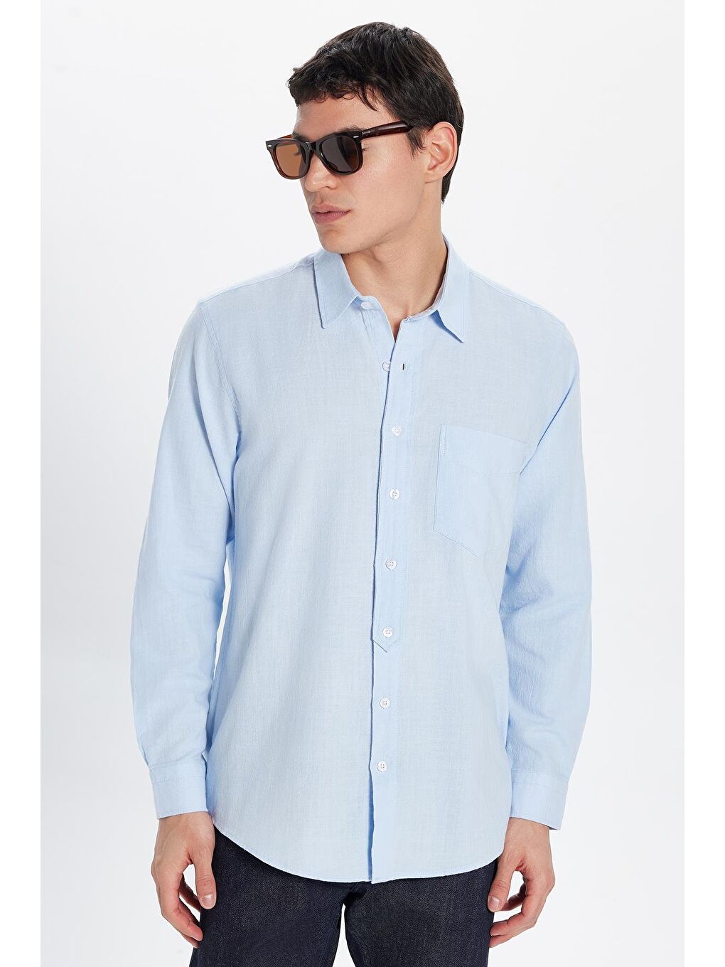 Erkek Regular Fit Klasik Kesim %100 Pamuk Keten Doku Tek Cepli Mavi Gömlek-2
