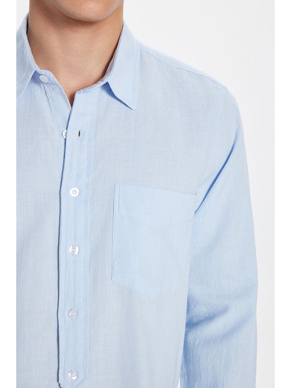 Erkek Regular Fit Klasik Kesim %100 Pamuk Keten Doku Tek Cepli Mavi Gömlek-3