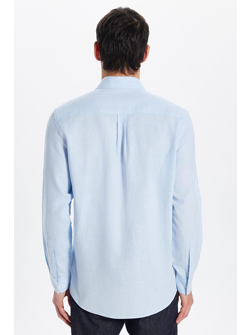 Erkek Regular Fit Klasik Kesim %100 Pamuk Keten Doku Tek Cepli Mavi Gömlek-4