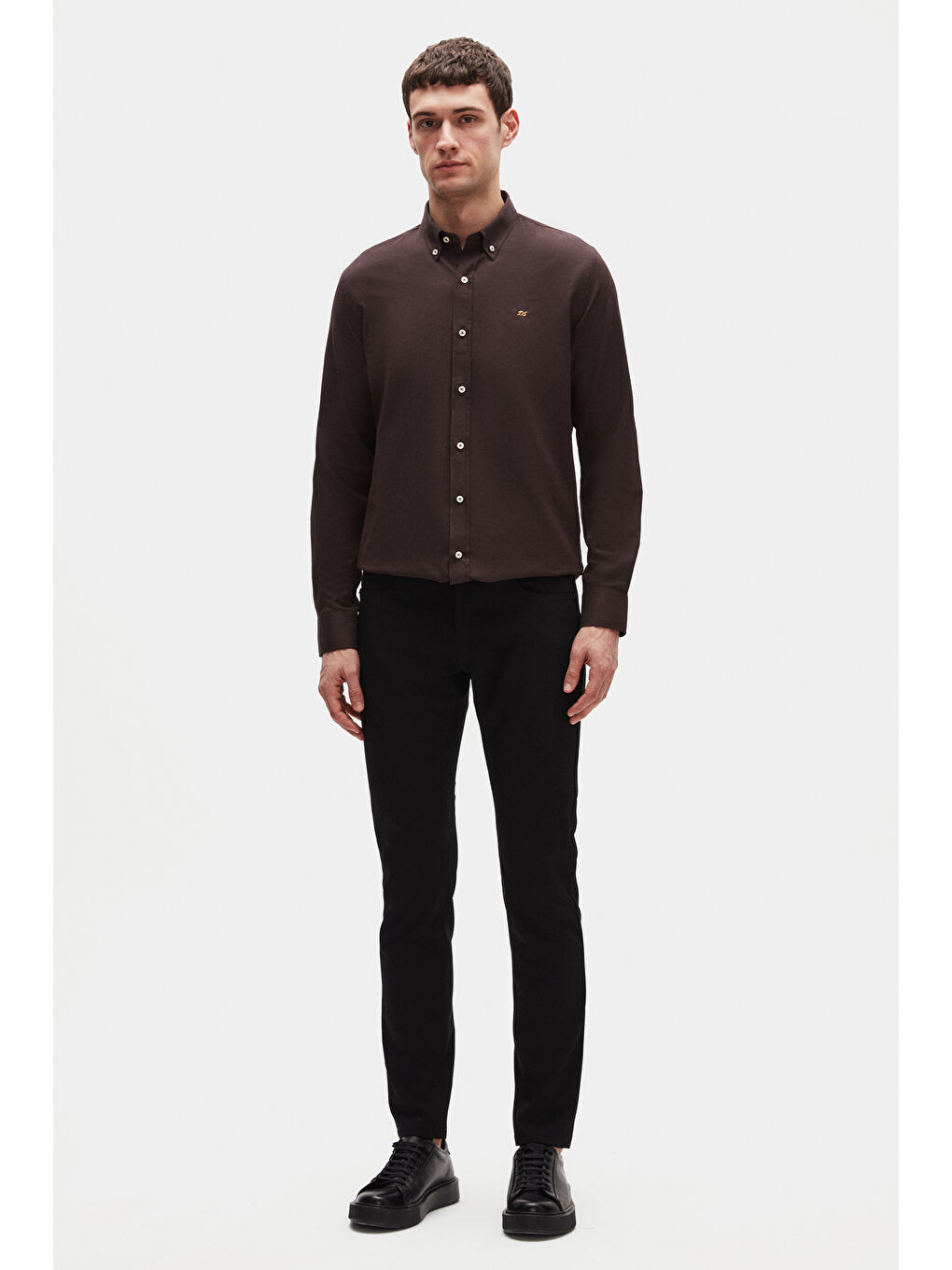 Kahverengi Slim Fit Acı Kahve Oxford Düğmeli Yaka Kolay Ütülenebilir Nakış Detaylı Pamuklu Gömlek-3