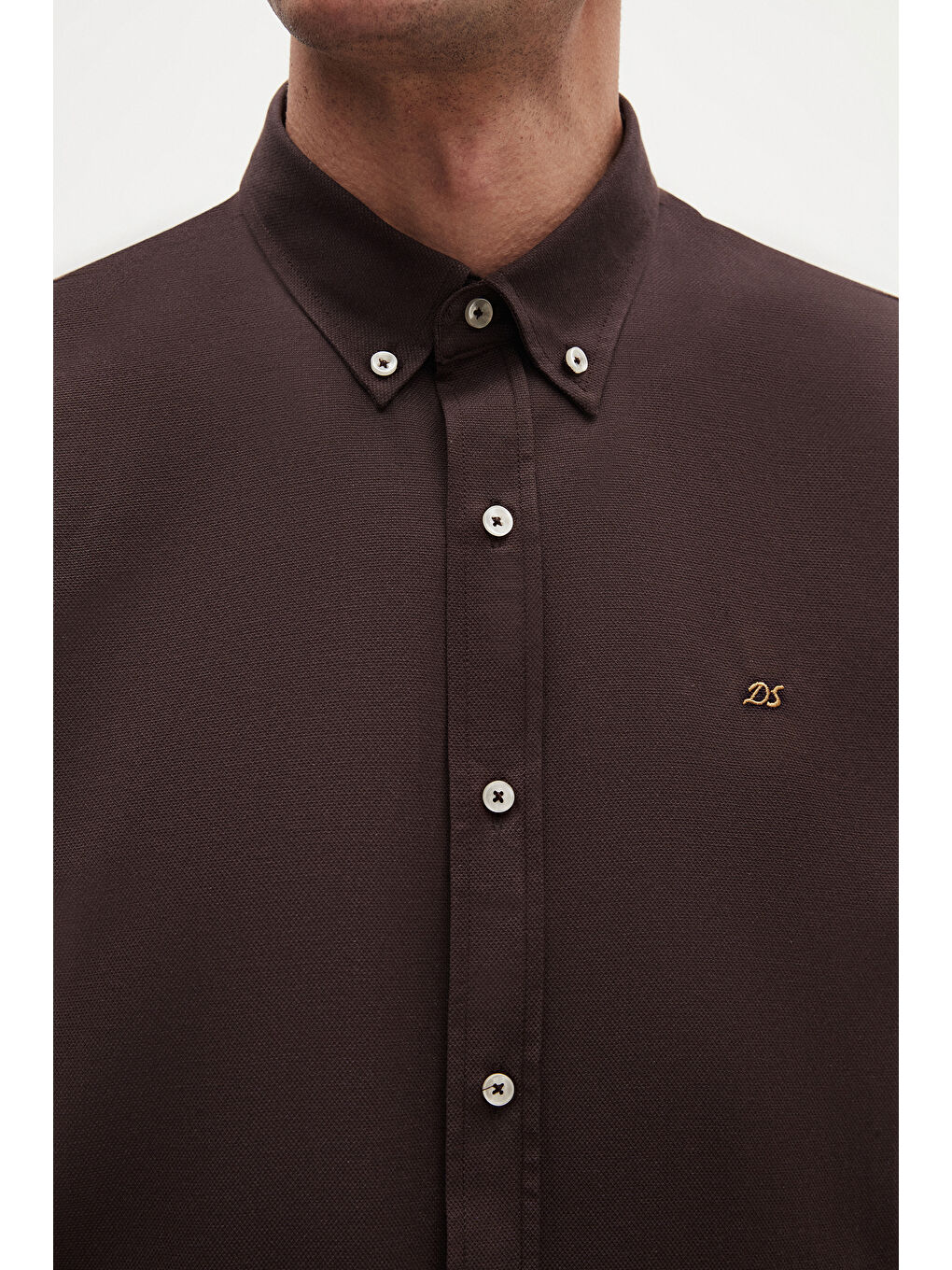Kahverengi Slim Fit Acı Kahve Oxford Düğmeli Yaka Kolay Ütülenebilir Nakış Detaylı Pamuklu Gömlek-5