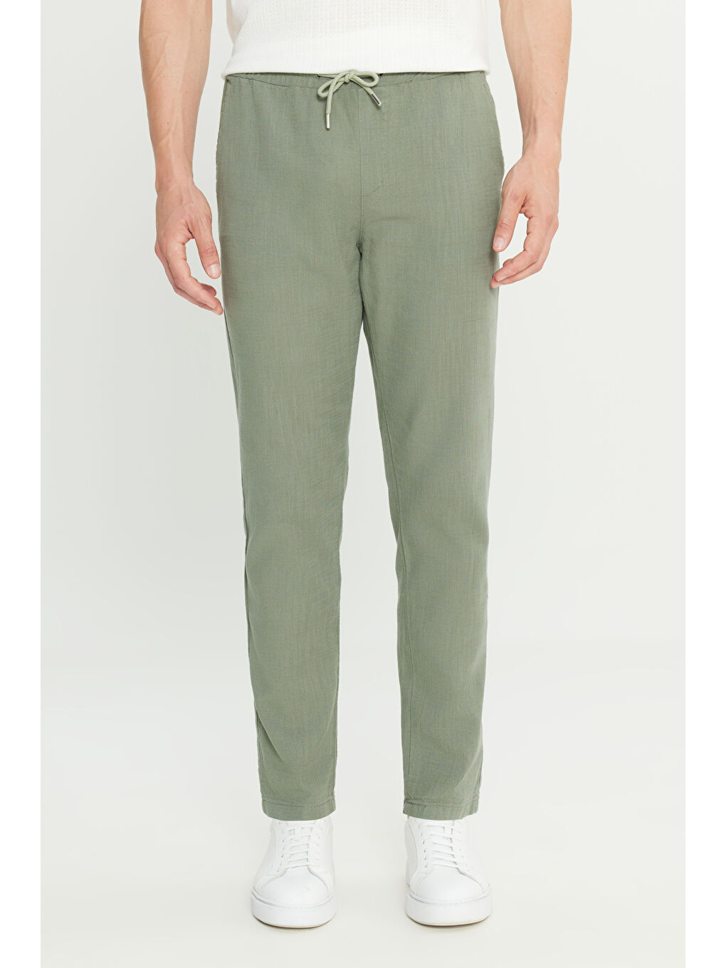 Erkek Haki %100 Pamuk Slim Fit Dar Kesim Beli Bağlamalı Yan Cepli Pantolon