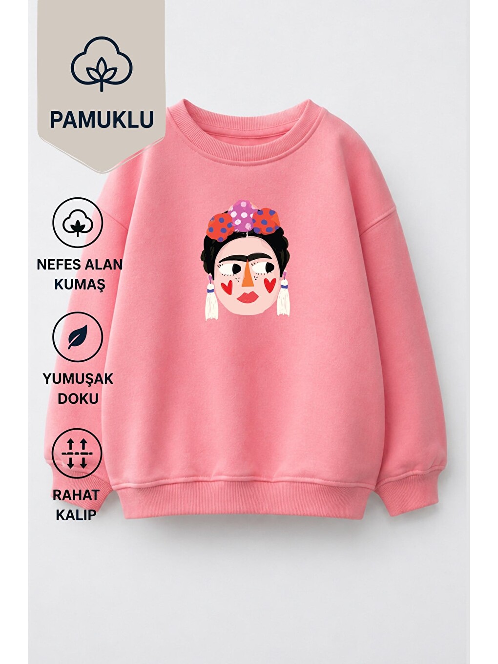 Pembe Kız Çocuk 3 İplik Kumaş Pamuklu Frida Baskılı Sweatshirt-1