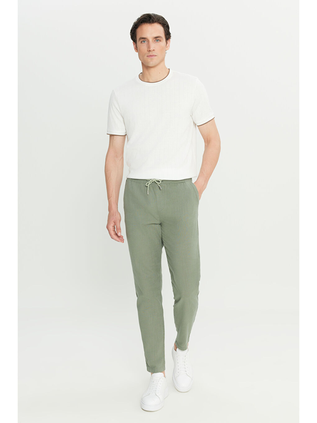 Erkek Haki %100 Pamuk Slim Fit Dar Kesim Beli Bağlamalı Yan Cepli Pantolon-2