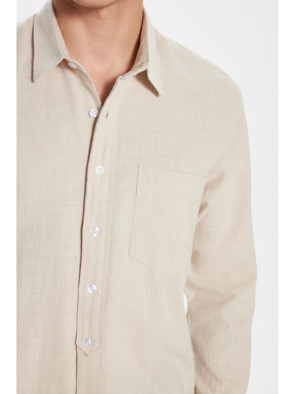 Erkek Regular Fit Klasik Kesim %100 Pamuk Keten Doku Tek Cepli Bej Gömlek-2