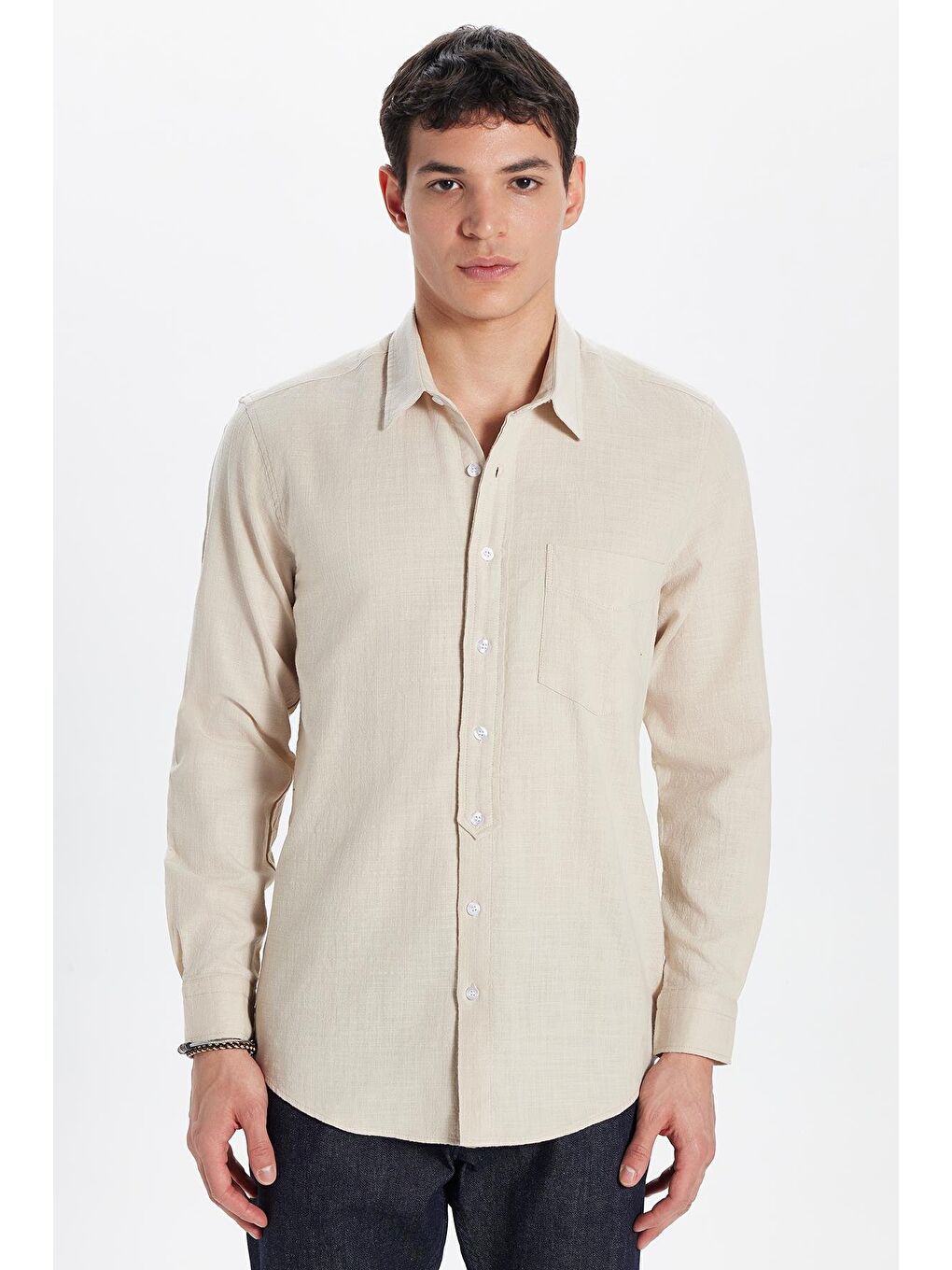 Erkek Regular Fit Klasik Kesim %100 Pamuk Keten Doku Tek Cepli Bej Gömlek-3