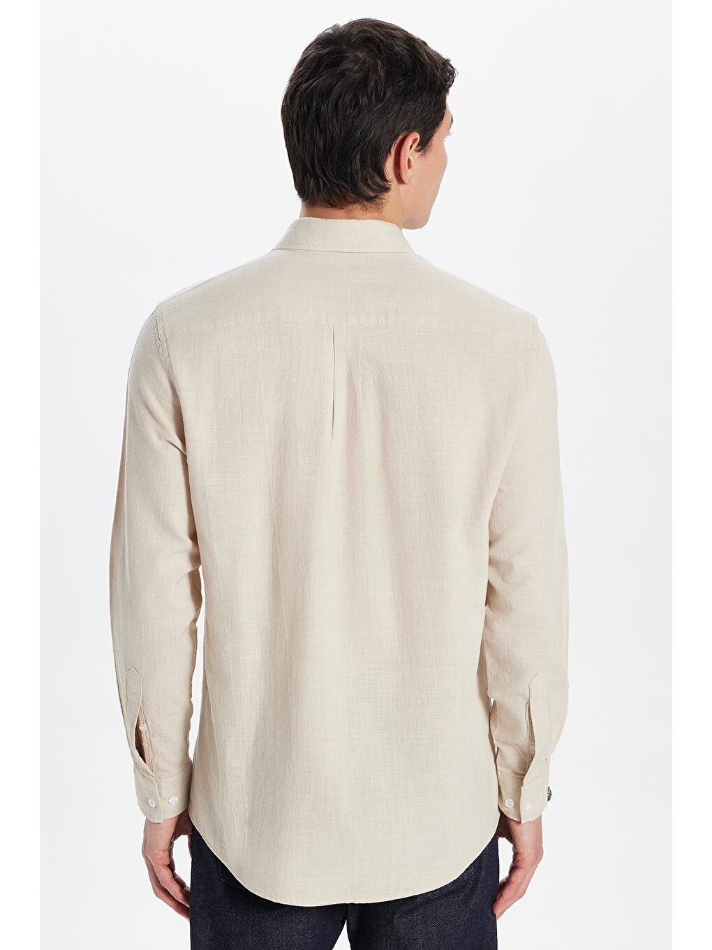 Erkek Regular Fit Klasik Kesim %100 Pamuk Keten Doku Tek Cepli Bej Gömlek-4
