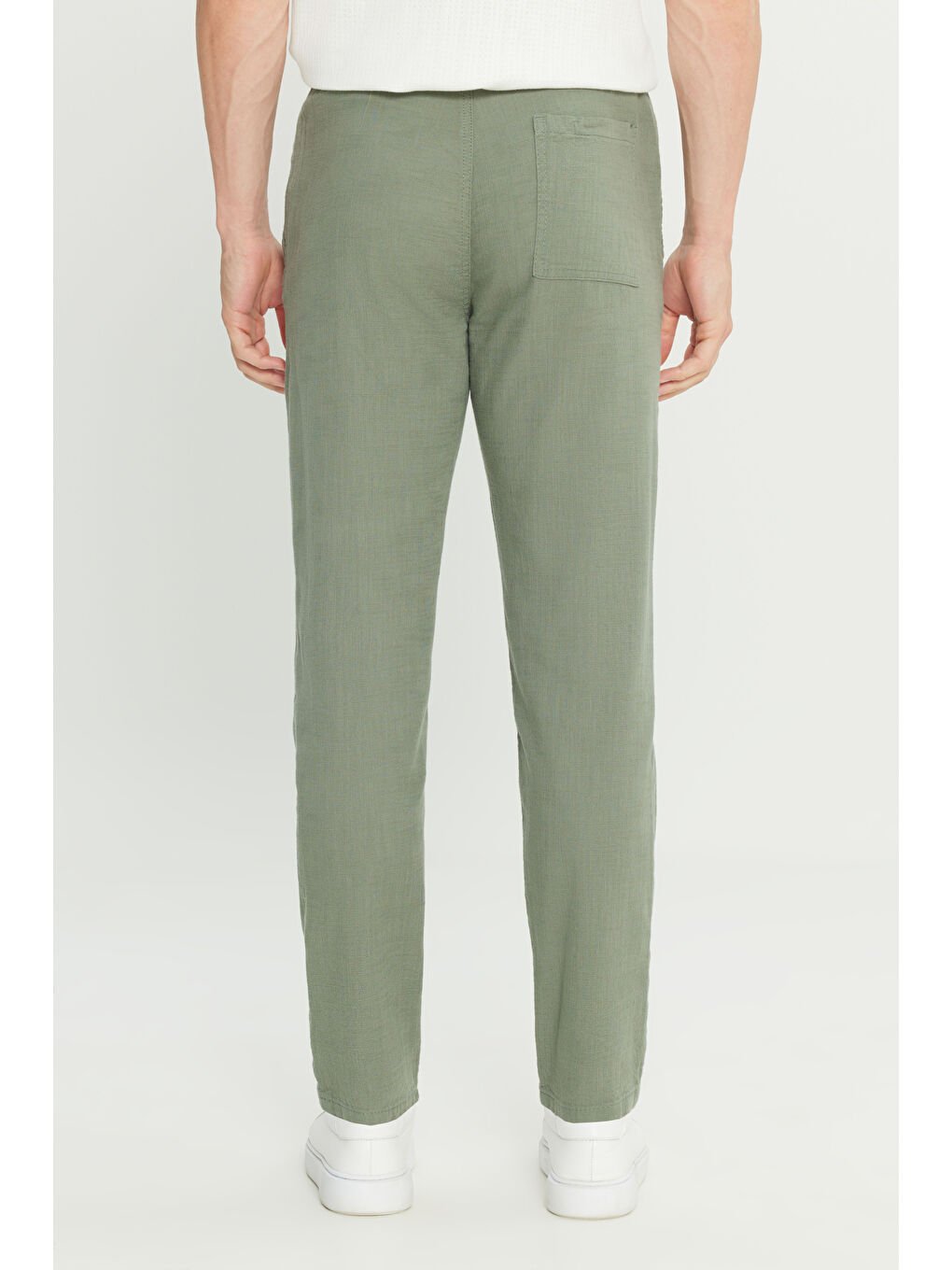 Erkek Haki %100 Pamuk Slim Fit Dar Kesim Beli Bağlamalı Yan Cepli Pantolon-4