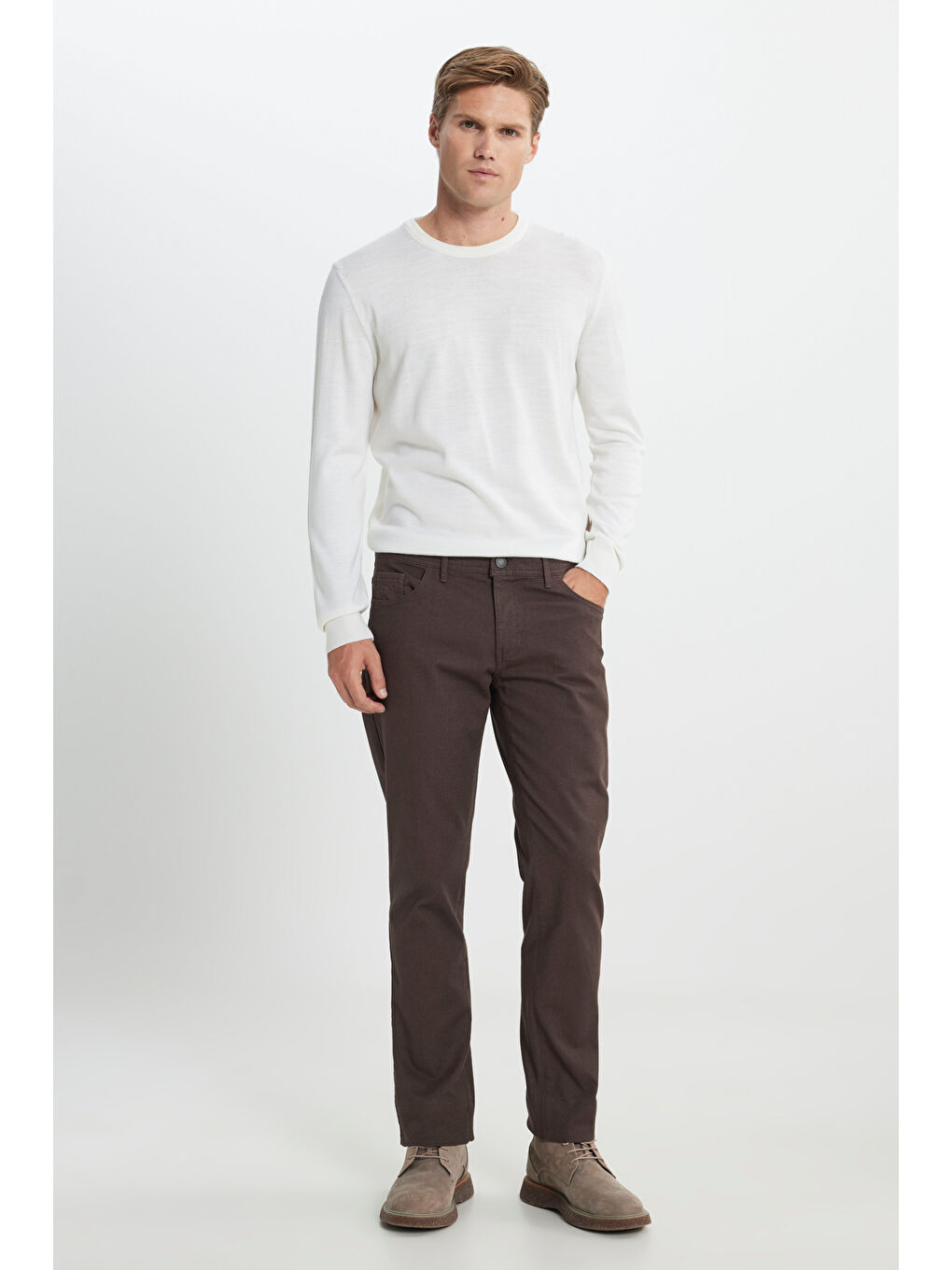Erkek Kahverengi Slim Fit Dar Kesim Pamuklu Esnek Armürlü 5 Cep Pantolon