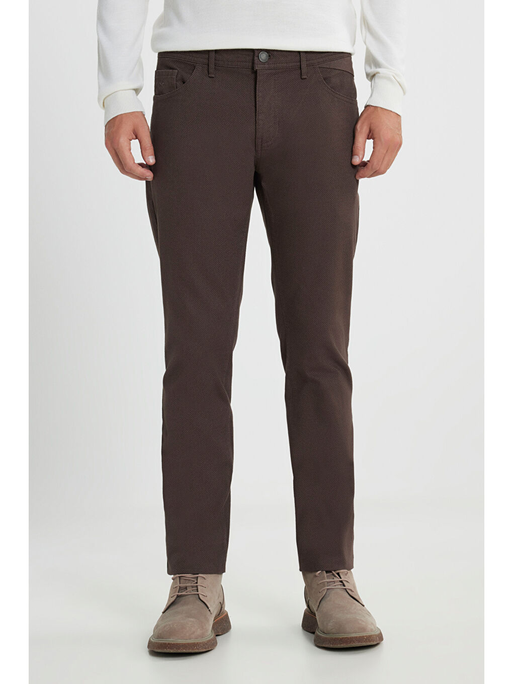 Erkek Kahverengi Slim Fit Dar Kesim Pamuklu Esnek Armürlü 5 Cep Pantolon-1