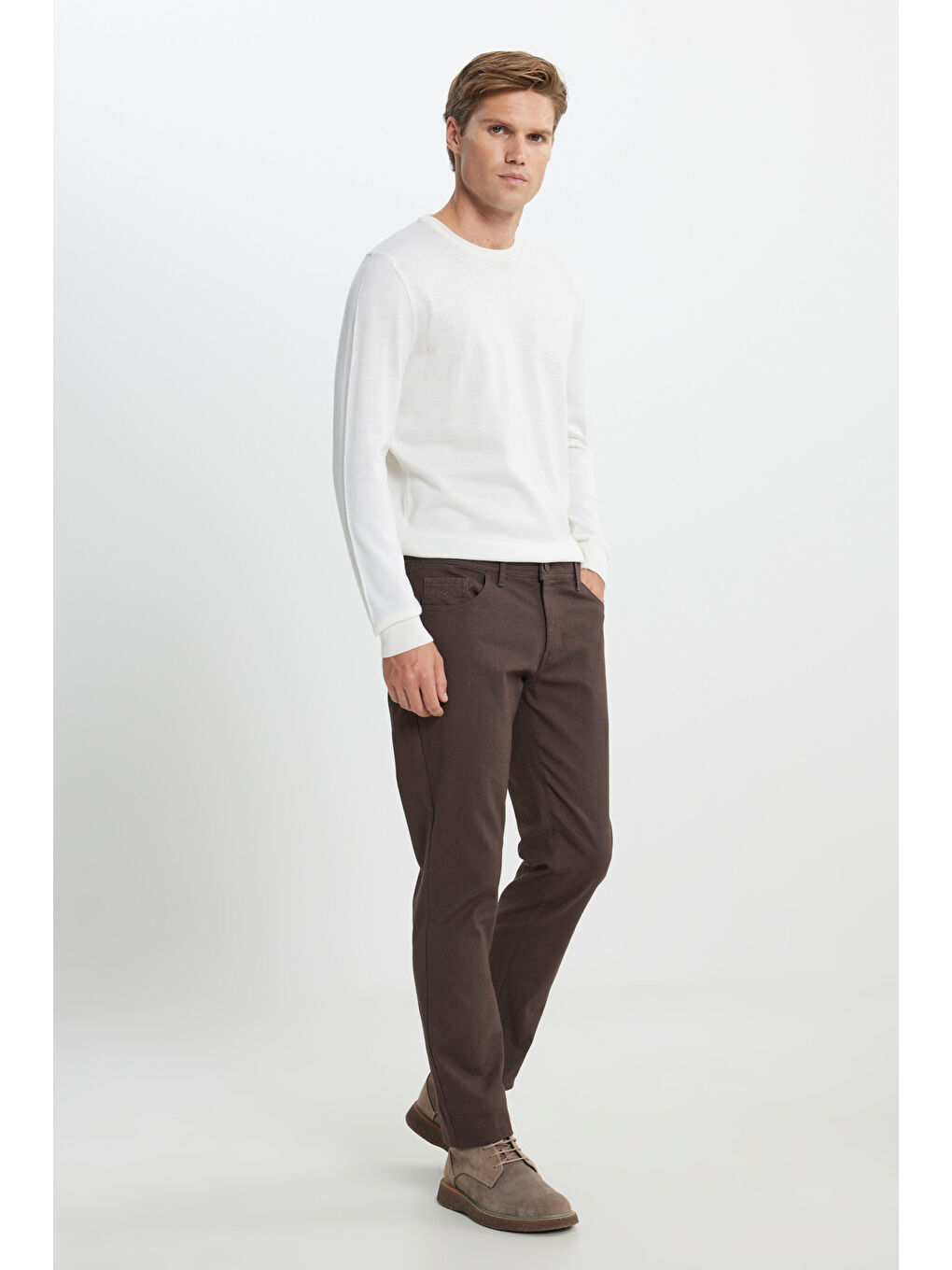 Erkek Kahverengi Slim Fit Dar Kesim Pamuklu Esnek Armürlü 5 Cep Pantolon-2