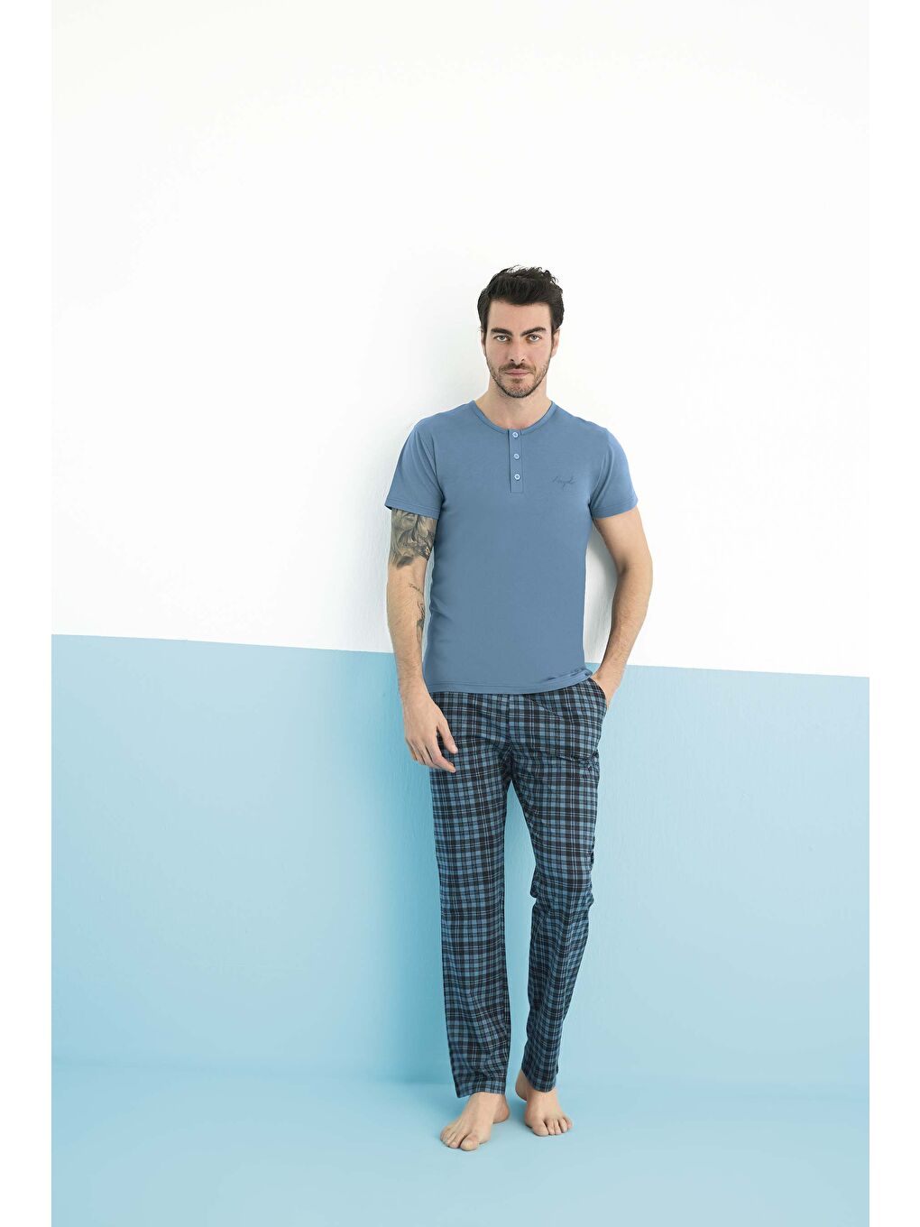 İndigo Erkek Kısa Kol Bisiklet Yaka Modal Pijama Takım-1