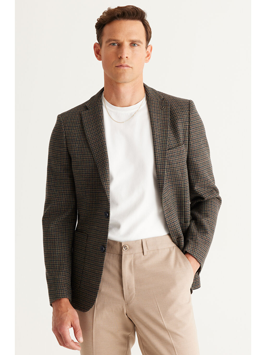 Erkek Kahverengi-Lacivert Slim Fit Dar Kesim Mono Yaka Keten Karışımlı Kareli Yünlü Ceket