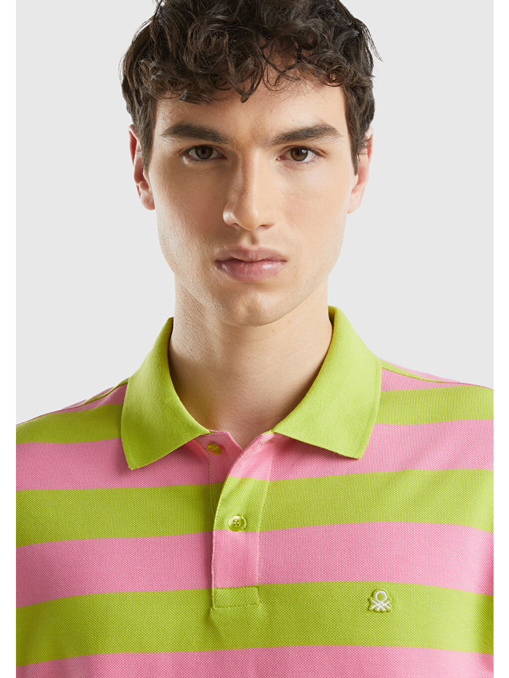 Erkek Pembe Mix %100 Pamuk Renk Bloklu Çizgili 2 Düğmeli Polo Yaka Tişört-1