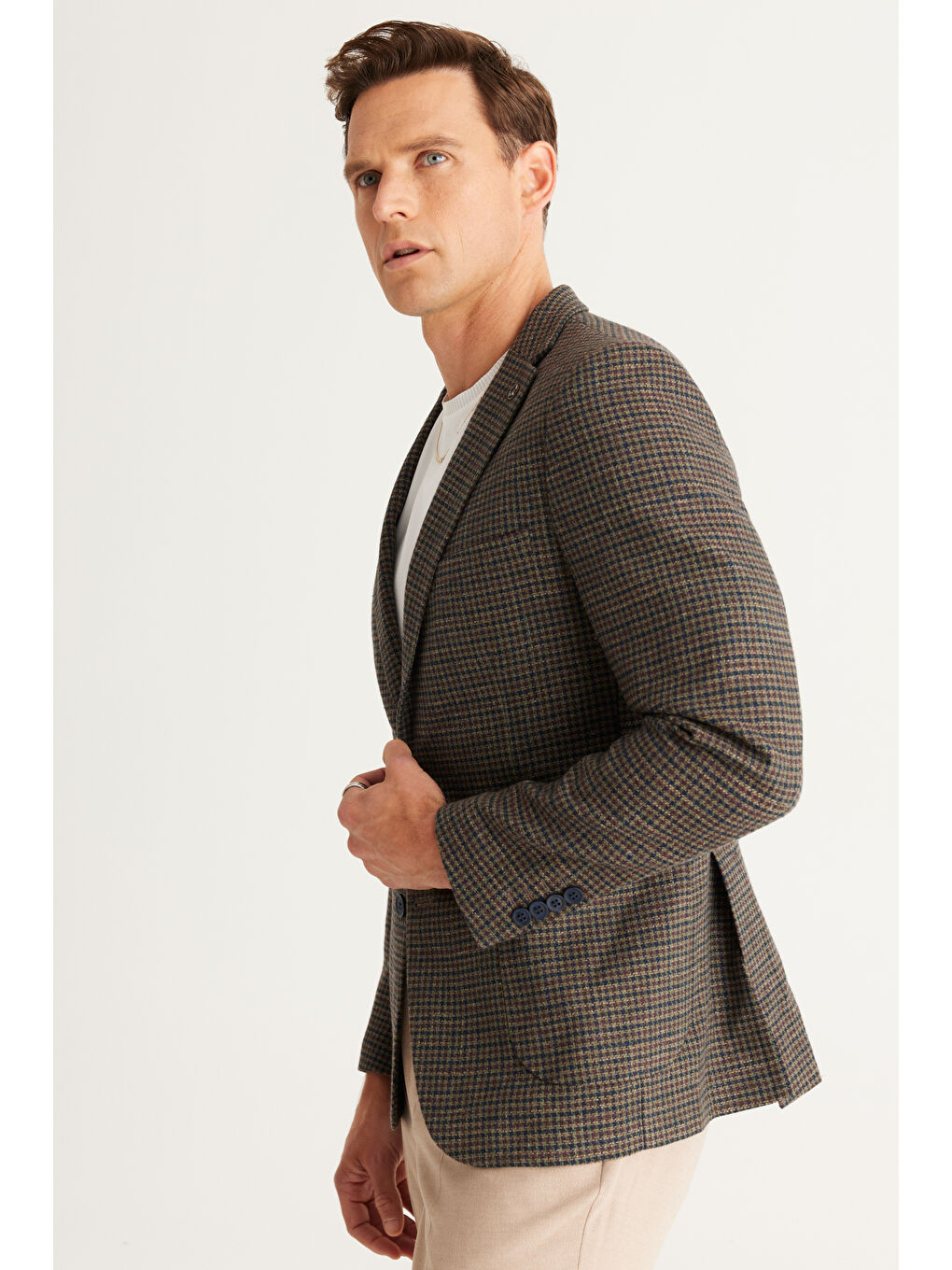 Erkek Kahverengi-Lacivert Slim Fit Dar Kesim Mono Yaka Keten Karışımlı Kareli Yünlü Ceket-1