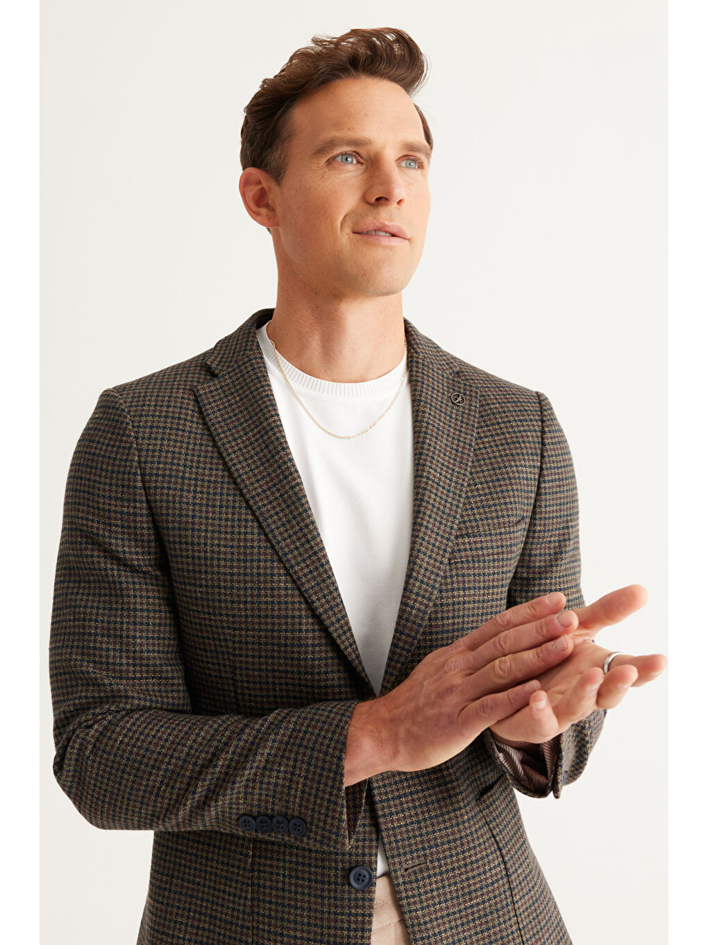 Erkek Kahverengi-Lacivert Slim Fit Dar Kesim Mono Yaka Keten Karışımlı Kareli Yünlü Ceket-2