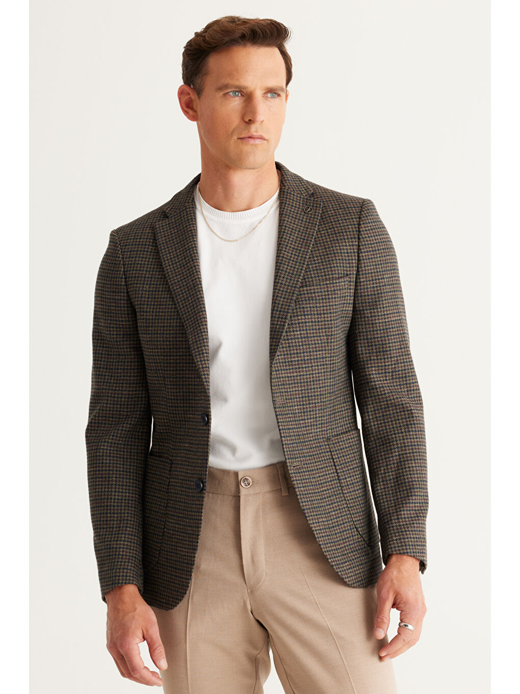 Erkek Kahverengi-Lacivert Slim Fit Dar Kesim Mono Yaka Keten Karışımlı Kareli Yünlü Ceket-3