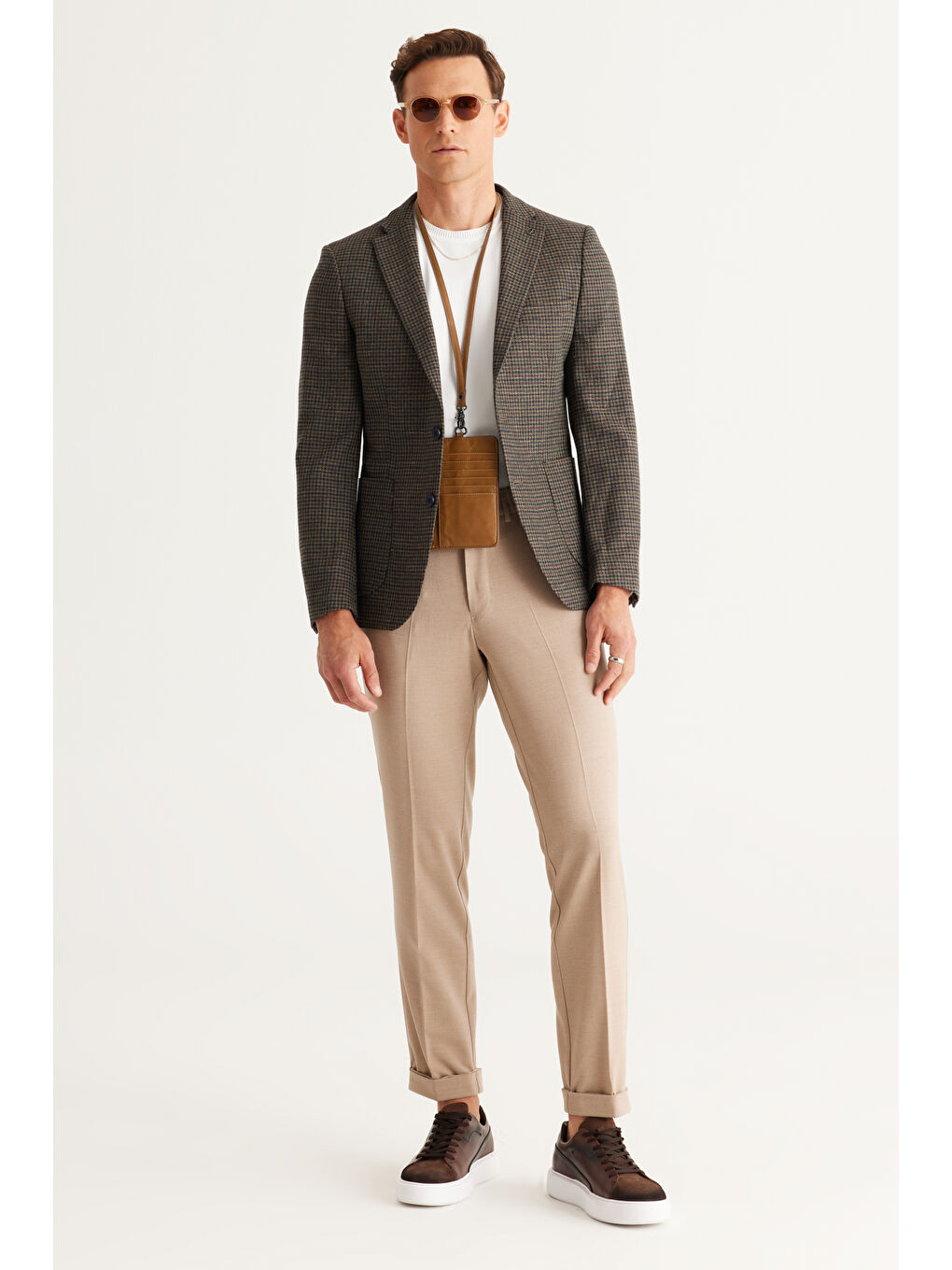 Erkek Kahverengi-Lacivert Slim Fit Dar Kesim Mono Yaka Keten Karışımlı Kareli Yünlü Ceket-4