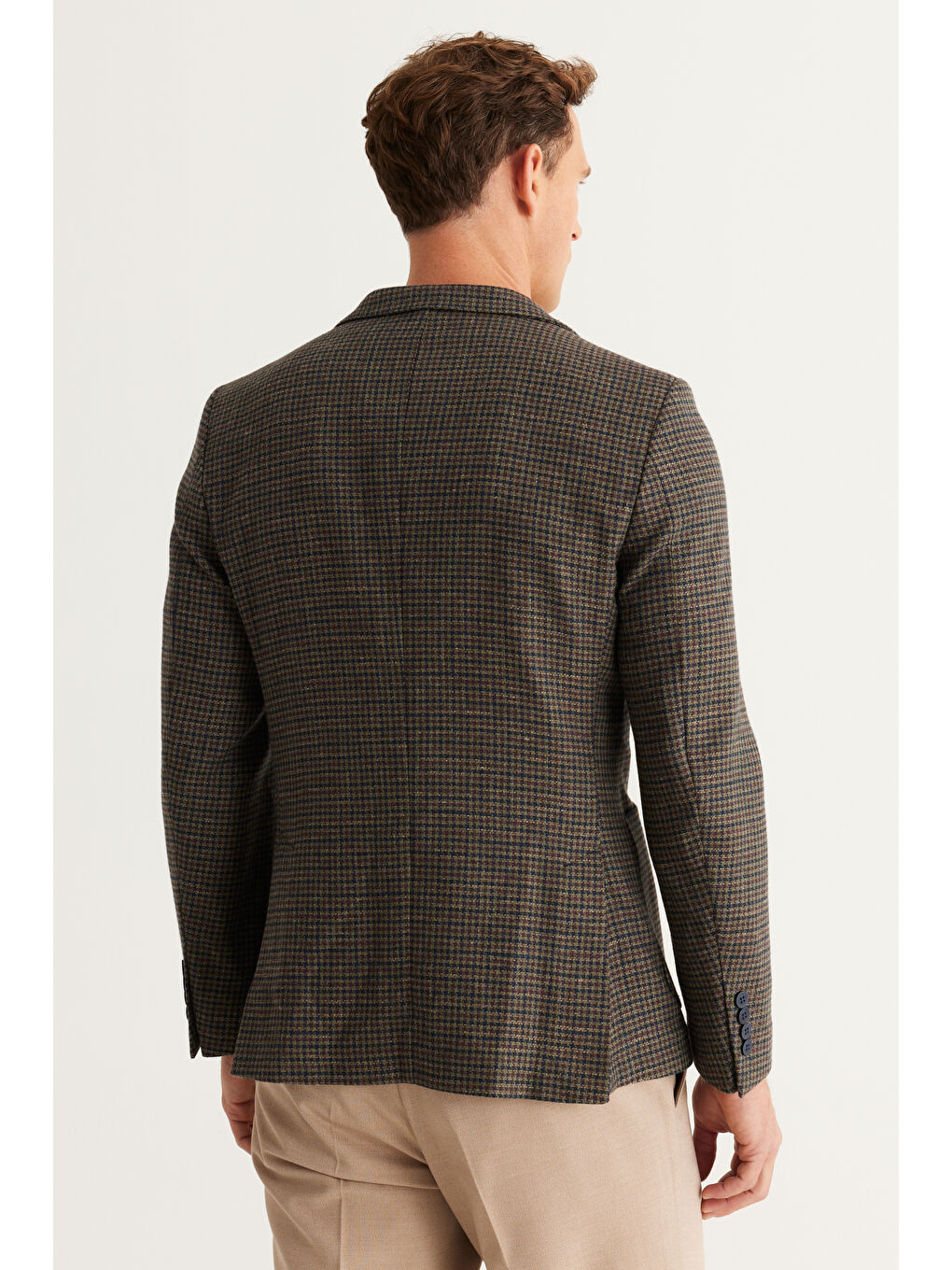 Erkek Kahverengi-Lacivert Slim Fit Dar Kesim Mono Yaka Keten Karışımlı Kareli Yünlü Ceket-5