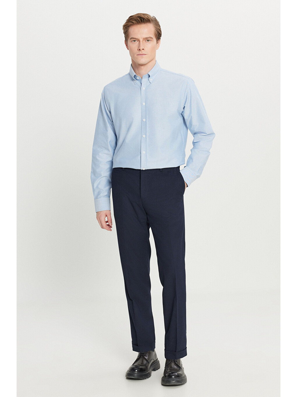 Erkek Lacivert Yünlü Slim Fit Dar Kesim Beli Lastikli Yan Cepli Esnek Klasik Pantolon-1