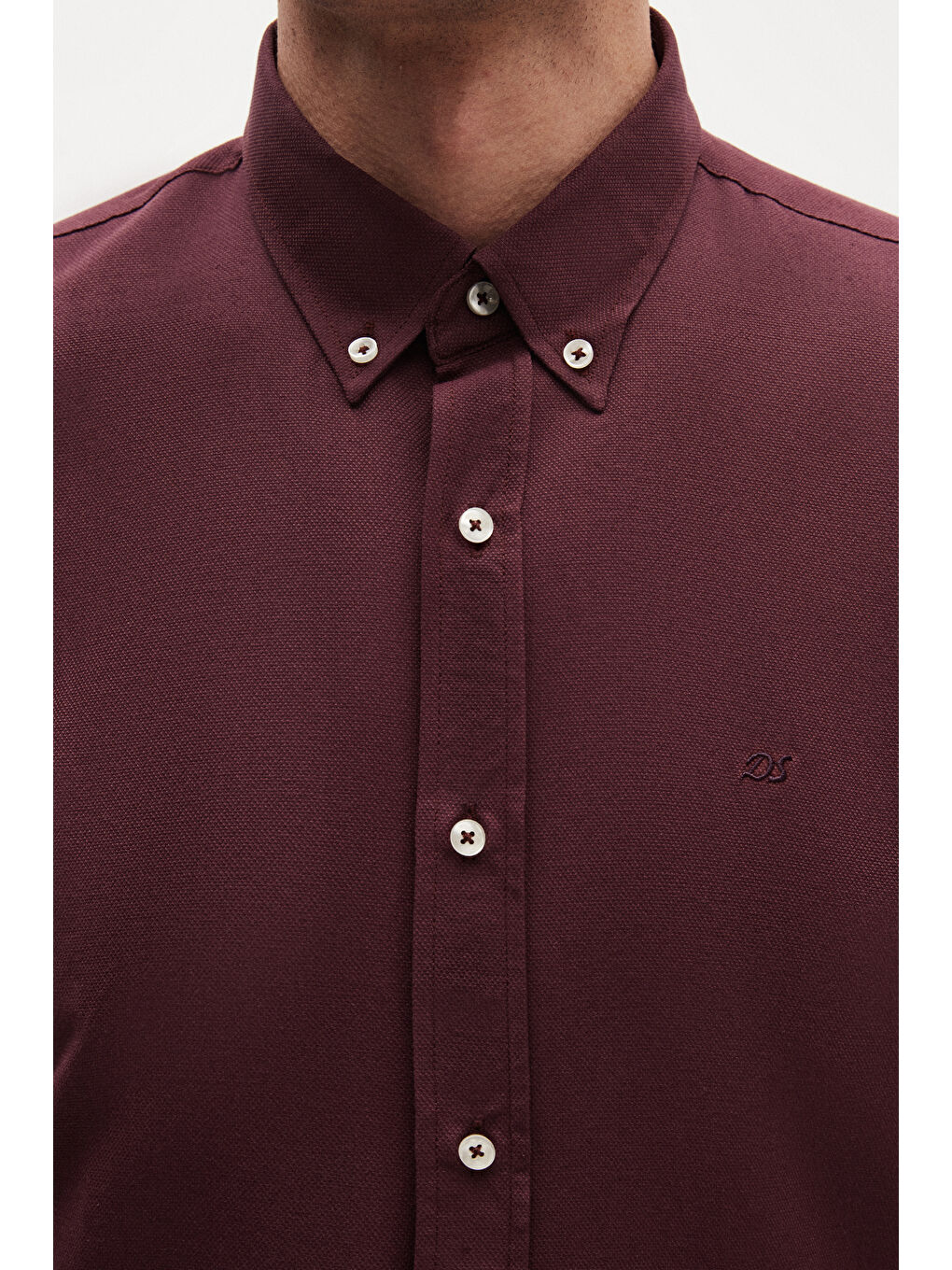 Slim Fit Mürdüm Oxford Düğmeli Yaka Kolay Ütülenebilir Nakış Detaylı Pamuklu Gömlek-5