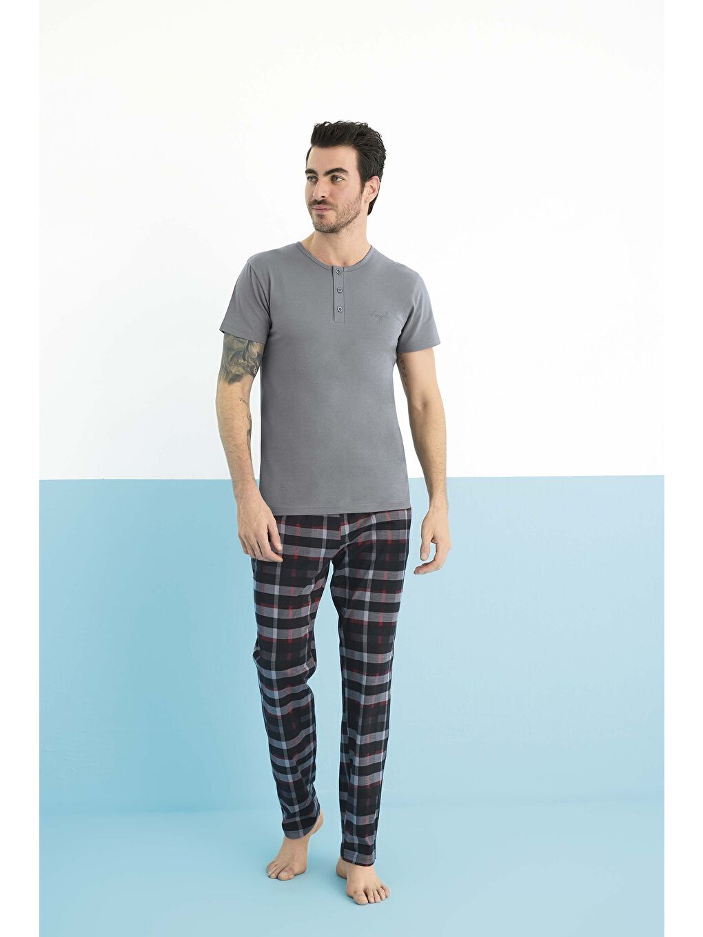 Gri Erkek Kısa Kol Bisiklet Yaka Modal Pijama Takım