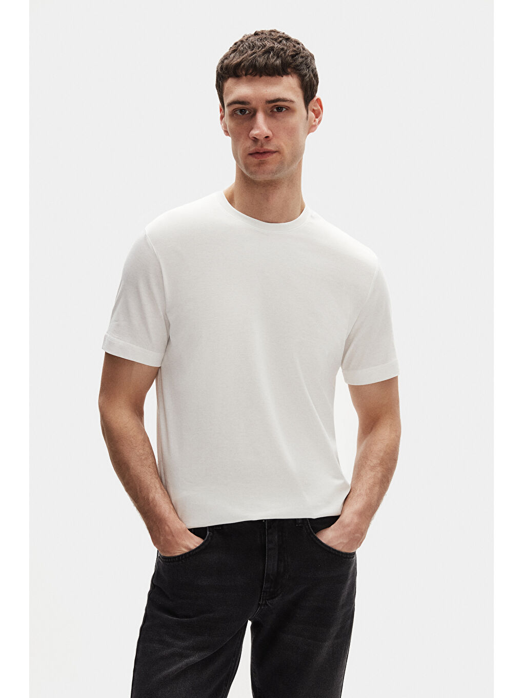 Oversize Ekru Bisiklet Yaka %100 Pamuk T-Shirt