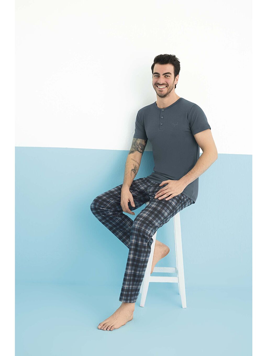 Gri Erkek Kısa Kol Bisiklet Yaka Modal Pijama Takım