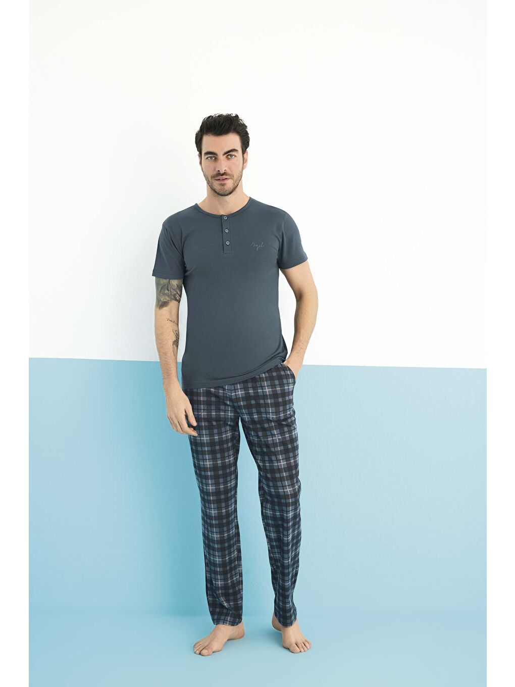 Gri Erkek Kısa Kol Bisiklet Yaka Modal Pijama Takım-1