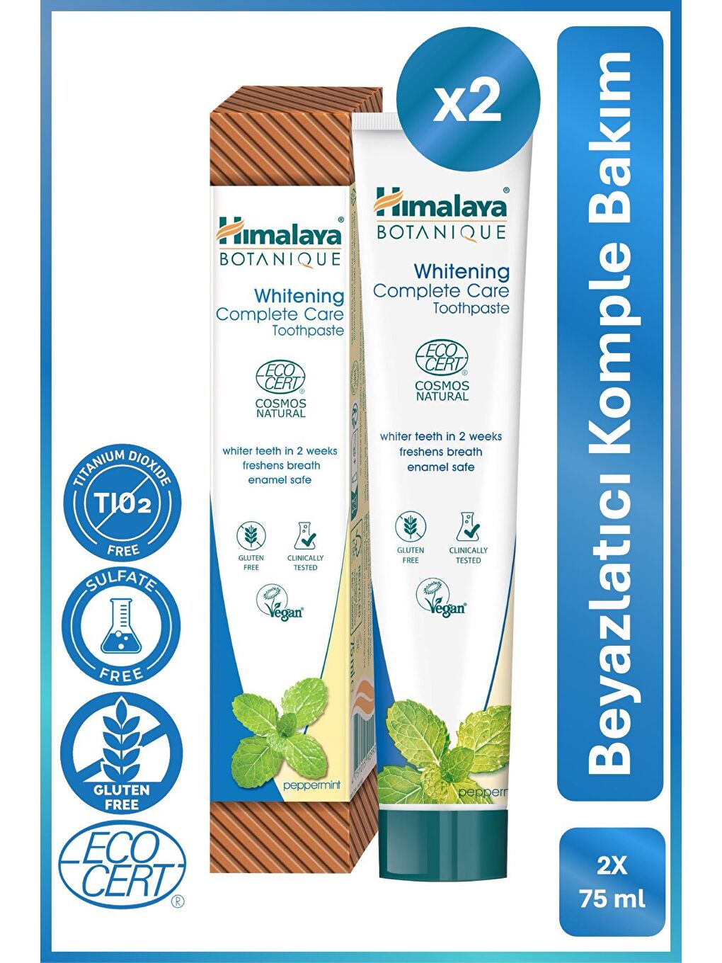 Botanique Beyazlatıcı Komple Bakım Organik Diş Macunu 75ml 2'li Paket | Ecocert Cosmos Sertifikalı