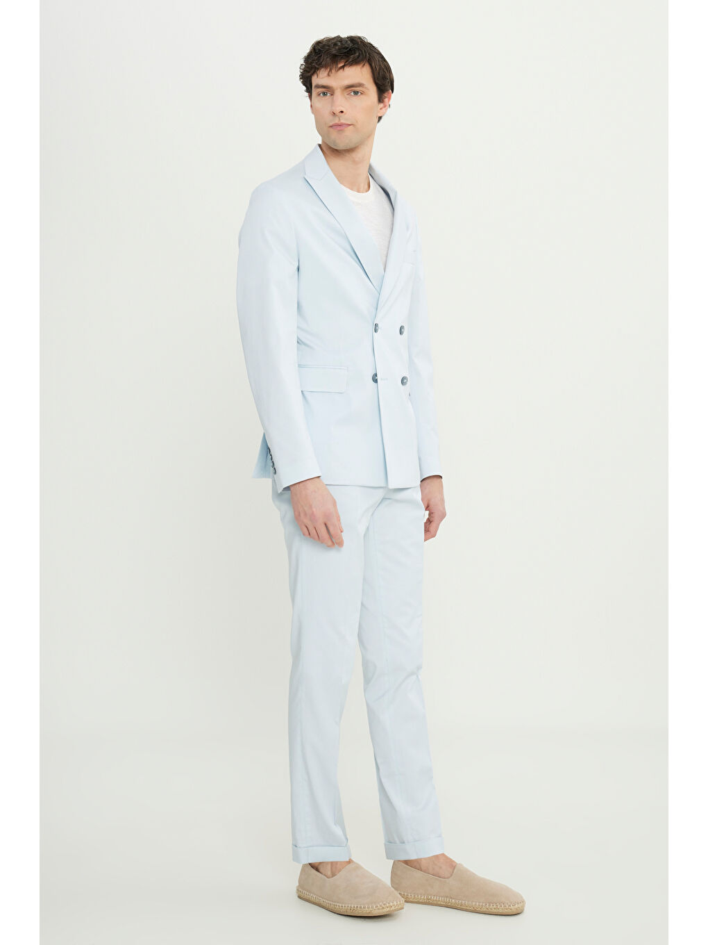 Erkek Açık Mavi Slim Fit Dar Kesim Kırlangıç Yaka Kapak Cepli Kruvaze Damatlık Smokin Takım-1