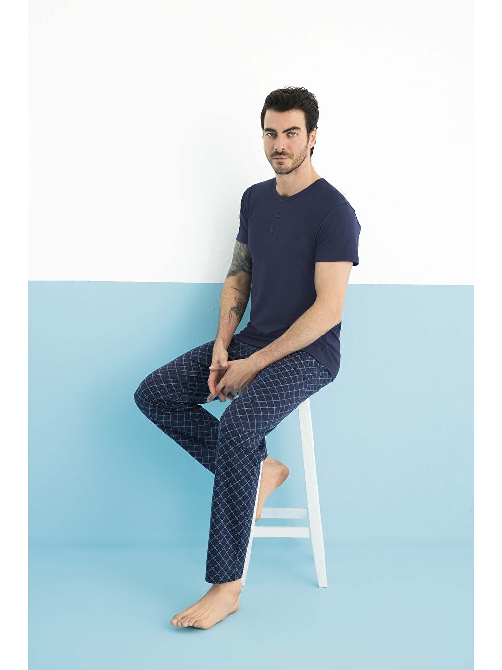 Lacivert Erkek Kısa Kol Bisiklet Yaka Modal Pijama Takım-1