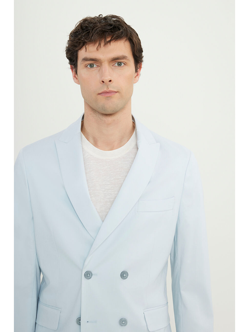 Erkek Açık Mavi Slim Fit Dar Kesim Kırlangıç Yaka Kapak Cepli Kruvaze Damatlık Smokin Takım-2