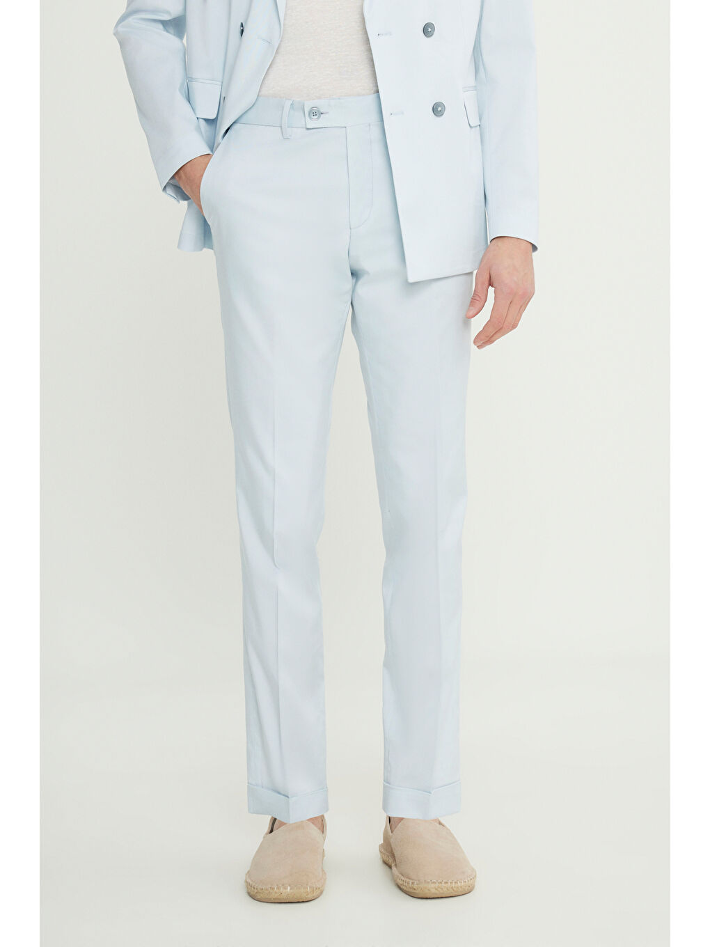 Erkek Açık Mavi Slim Fit Dar Kesim Kırlangıç Yaka Kapak Cepli Kruvaze Damatlık Smokin Takım-3