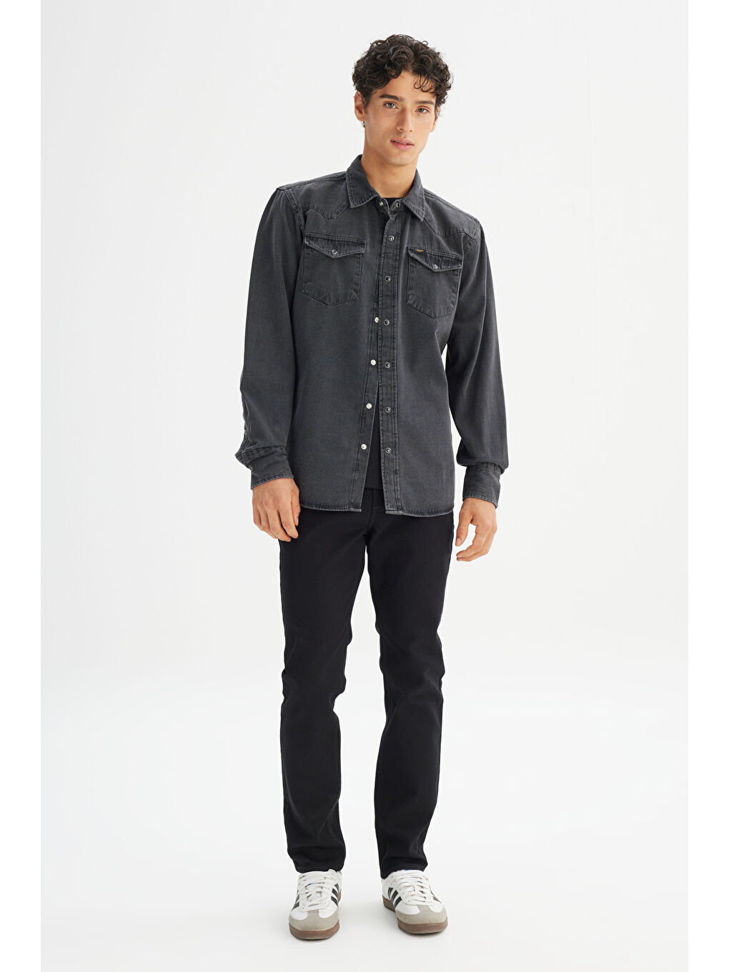 Antrasit %100 Pamuk Regular Fit Normal Kesim Klasik Yaka Cepli Denim Gömlek-1