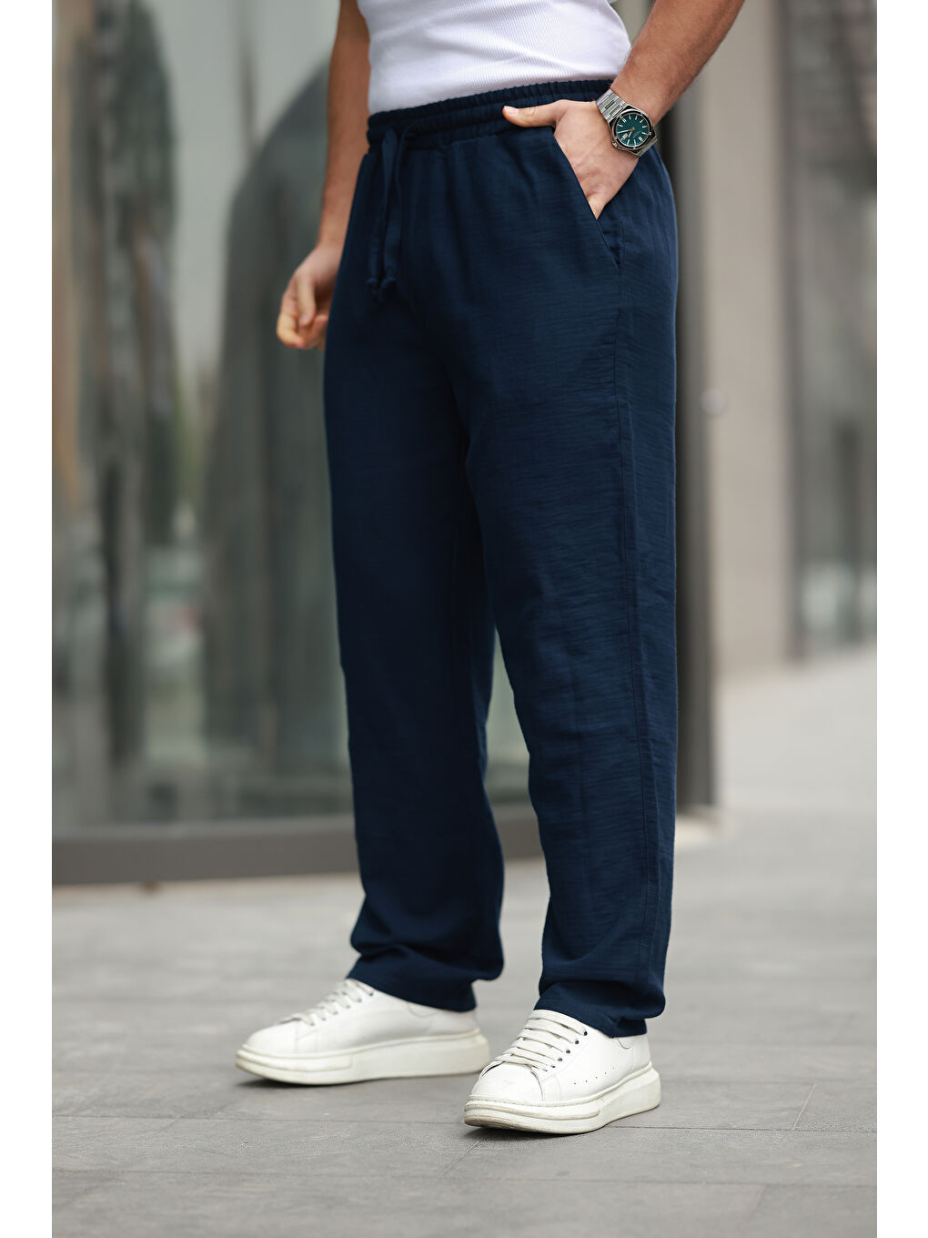 Lacivert Keten Bağcıklı Jogger Pantolon-1