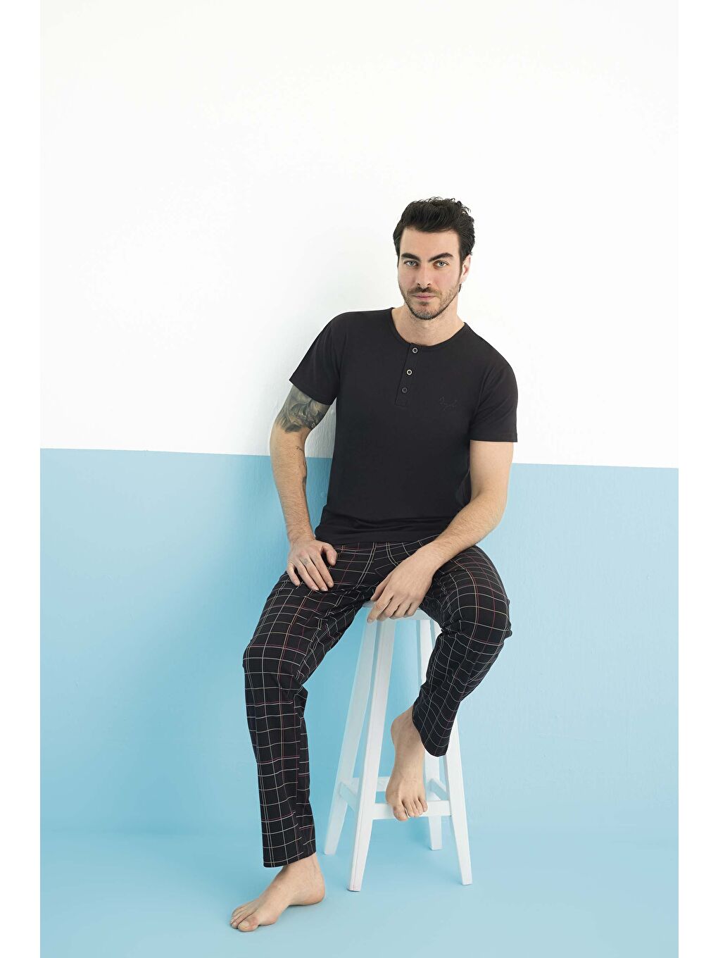 Siyah Erkek Kısa Kol Bisiklet Yaka Modal Pijama Takım-1