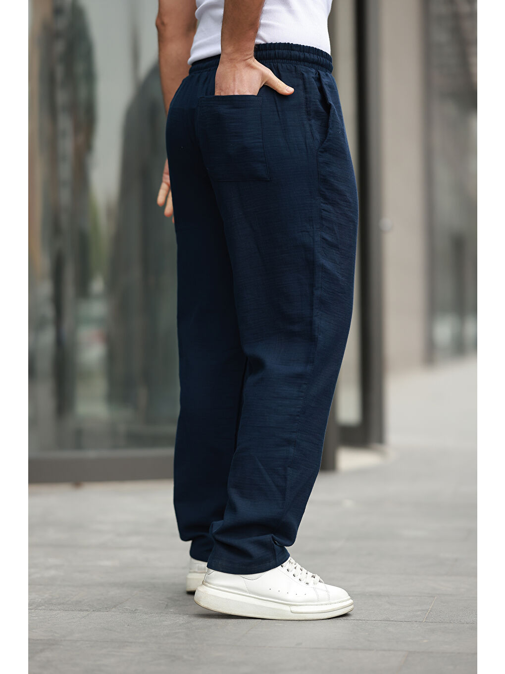 Lacivert Keten Bağcıklı Jogger Pantolon-2
