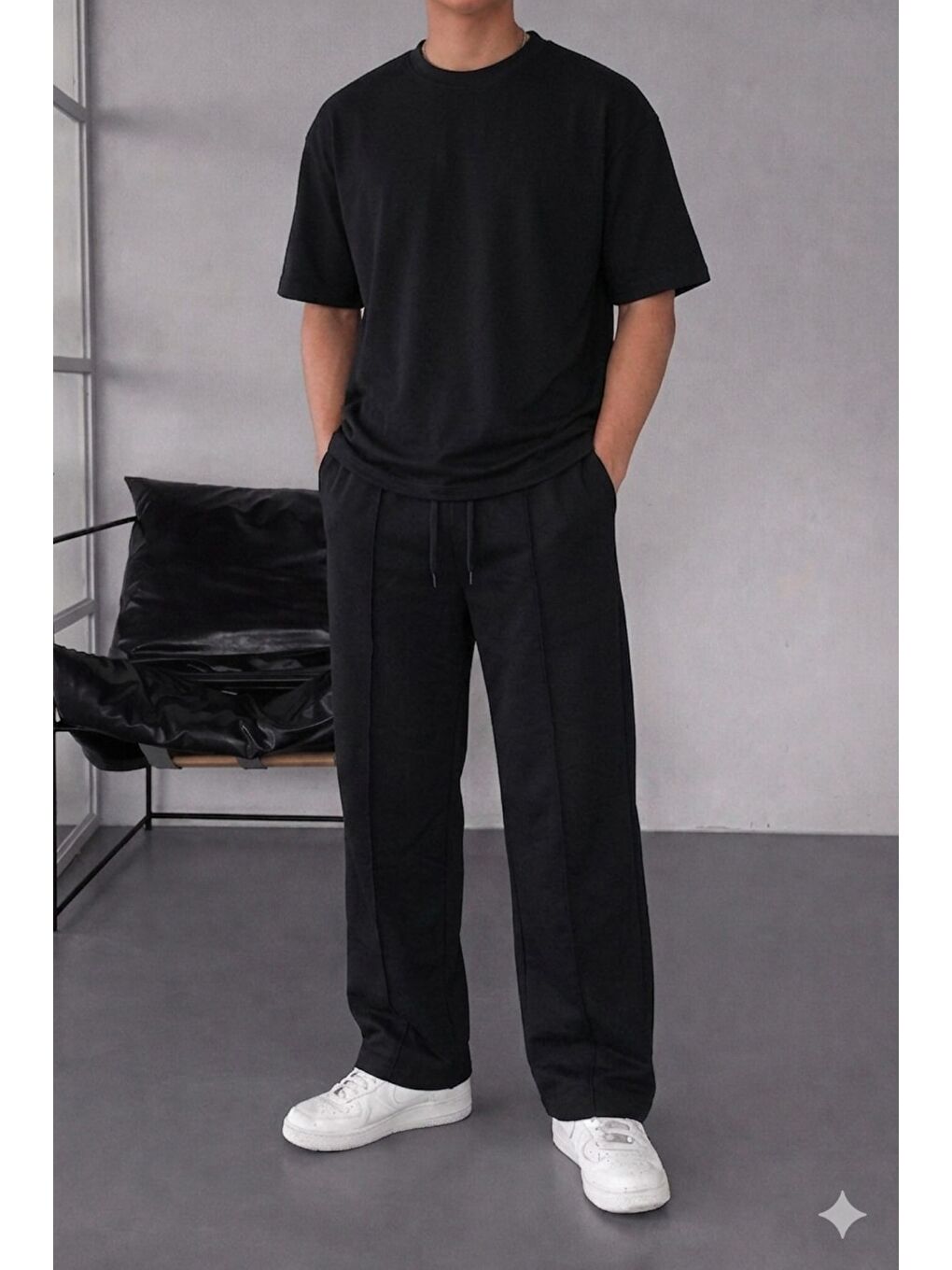 Siyah Erkek Oversize T-Shirt Eşofman Takımı Rahat Kesim Basic Kombin