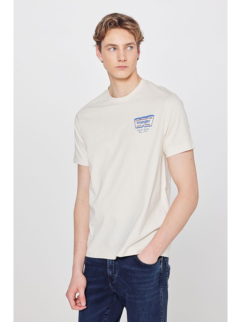 Bej Bisiklet Yaka Basic Tişört-1